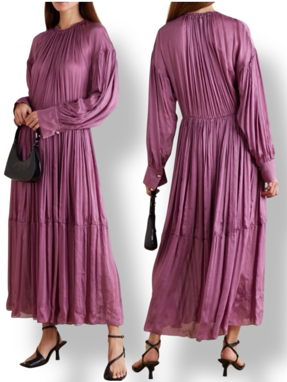Vince Shirred-neck Long-sleeved Tiered Pleated Silk Dress in Camellia Size SX